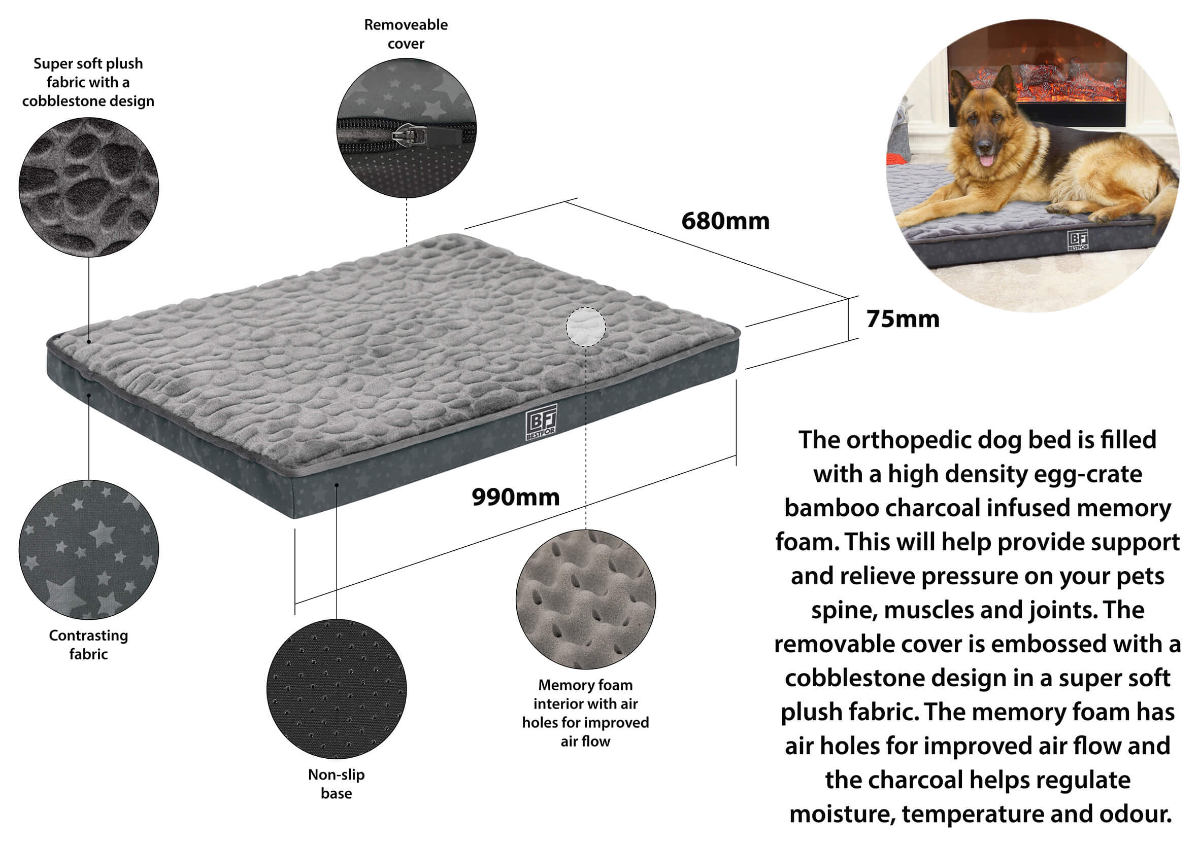 Bestfor Dog Bed with Charcoal Infused Eggcrate Memory Foam - Image 4