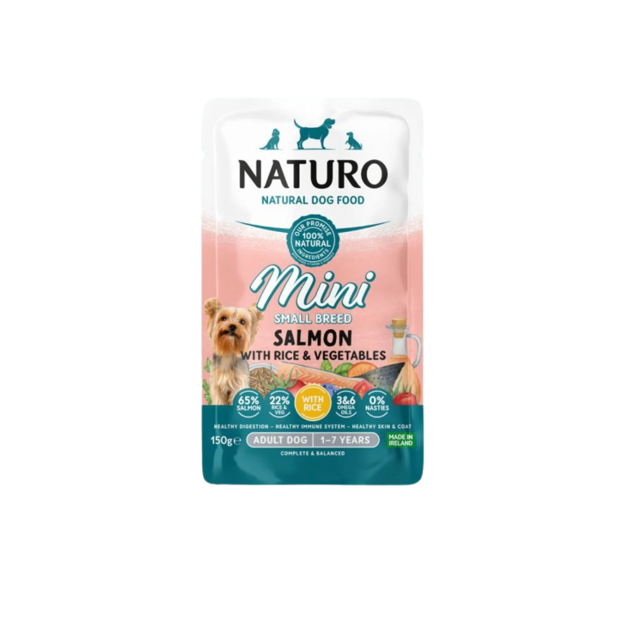 Naturo Adult Mini Salmon with Rice & Veg Pouches 150g x 8 - Image 5