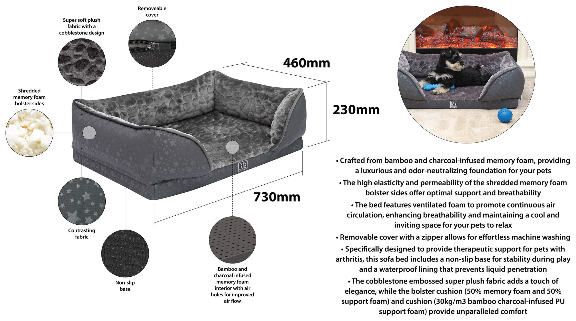 Orthopedic Dog Sofa Bed with Bamboo & Charcoal Infused Memory Foam - Image 2