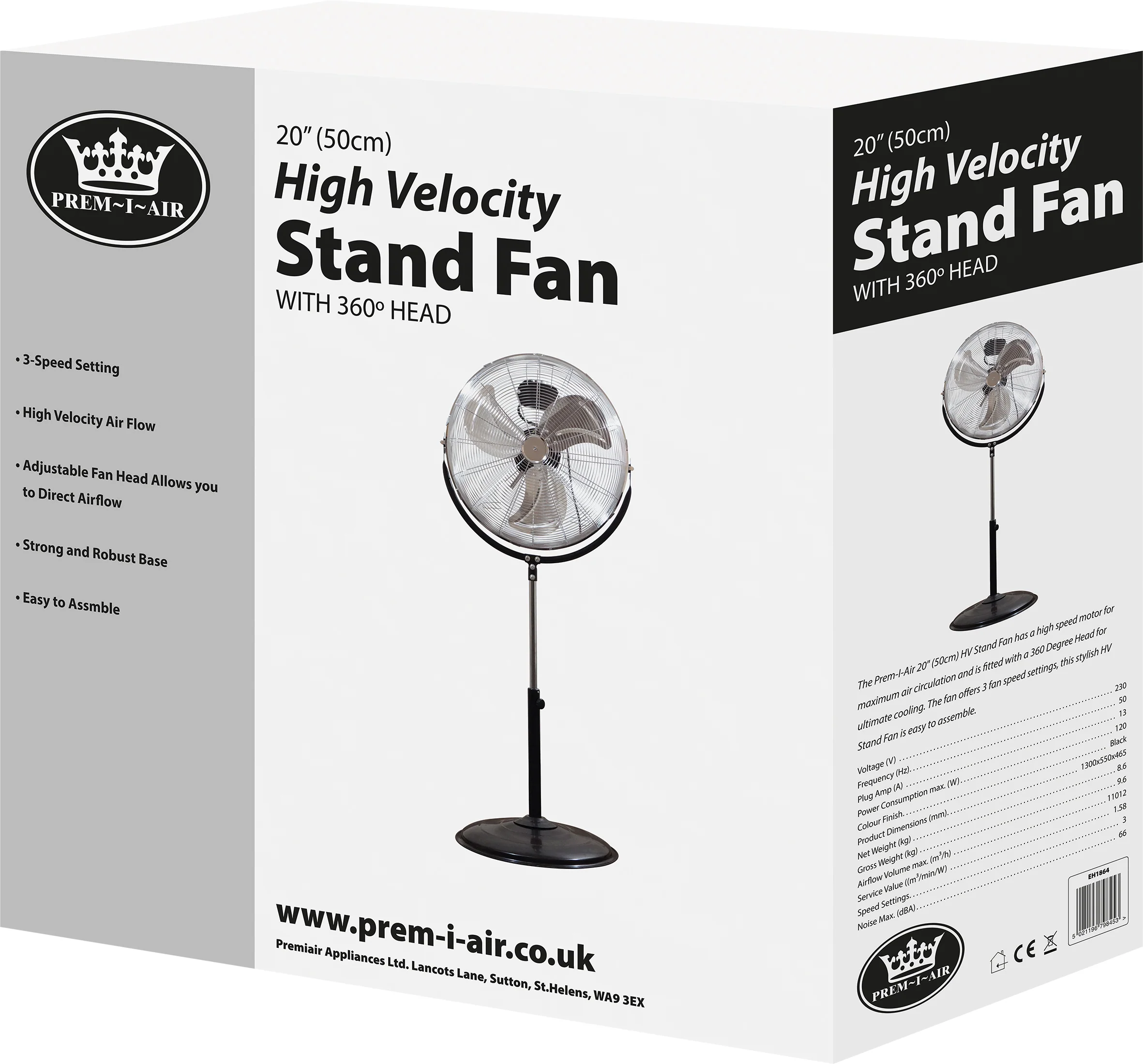 Prem-I-Air 120W 3 Speed 20-inch 360 Degree Pedestal Fan - Black/Silver - EH1864 - Image 3